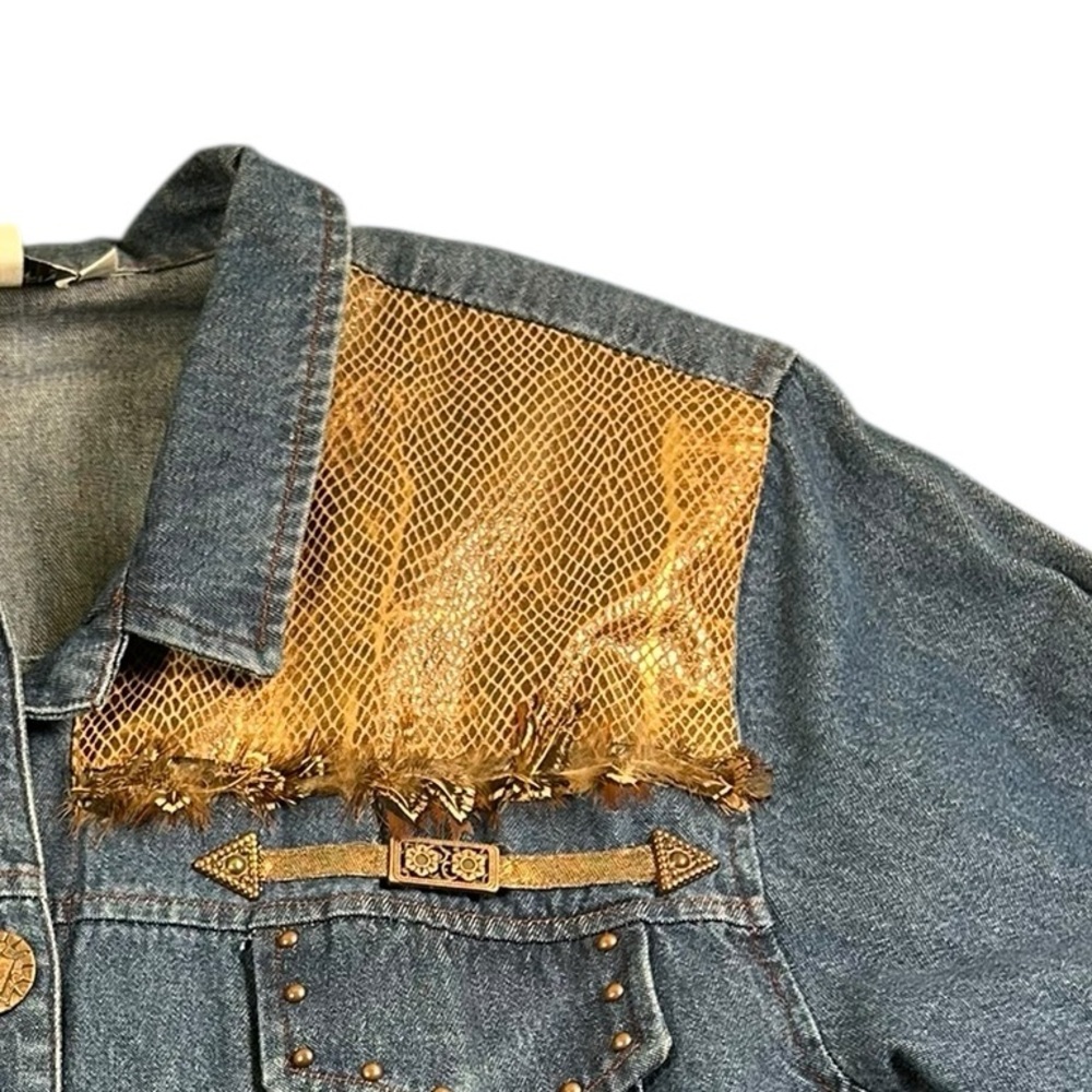 VTG 90s Nancy Bolen Western Boho Denim Shacket Snake Print Feather Trim Sz 18 - Picture 5 of 16
